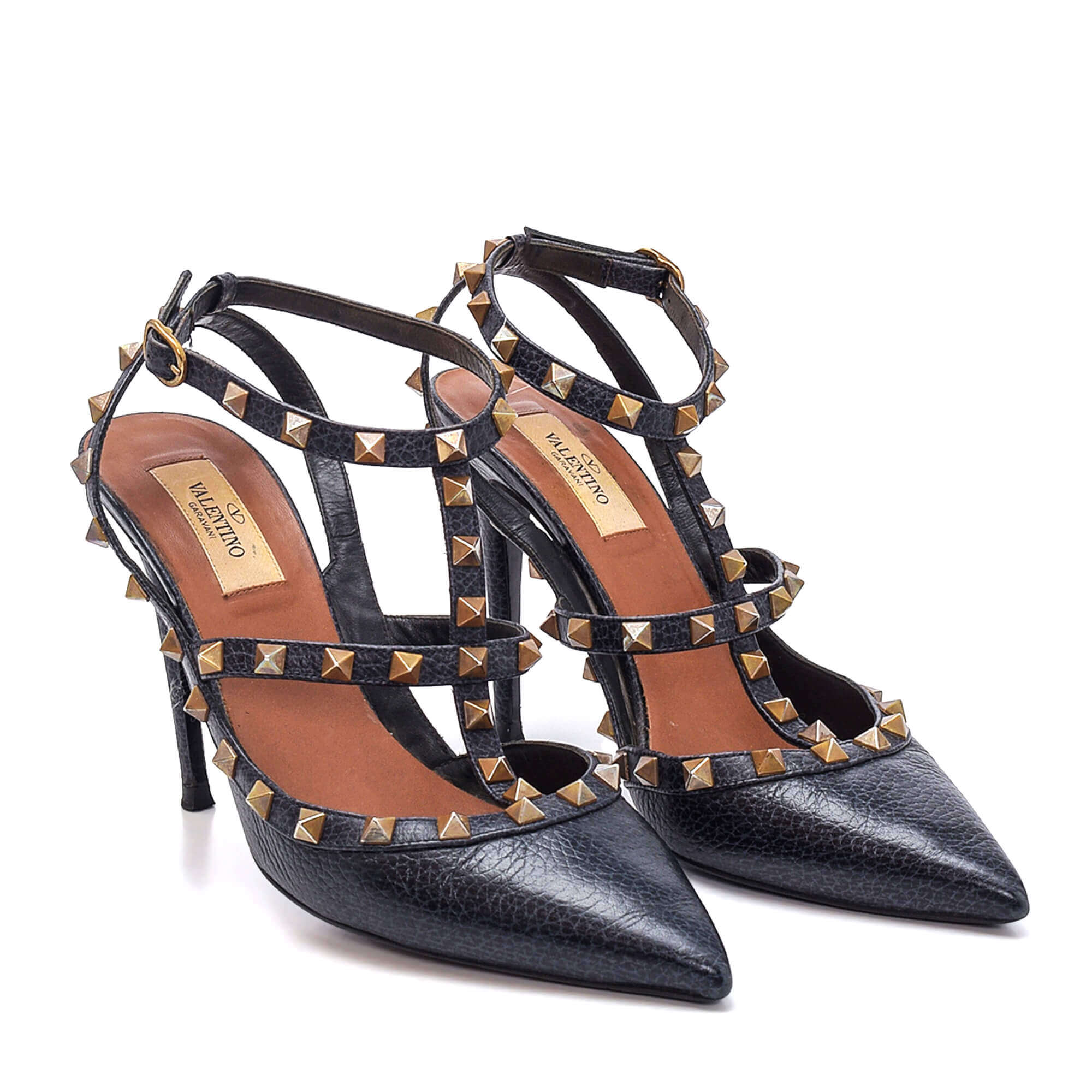 Valentino - Navy Leather Rockstud Caged Ankle Strap Pump